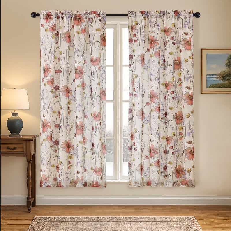 OVZME Crushed Floral Sheer Curtains for Bedroom 63 Inch Length for Living Room 2 Panels Set, Soft Airy Printed Design Textured Light Filtering Drapes, Semi Sheer Bedroom Curtains, Each 42Wx63L inches - Image 1