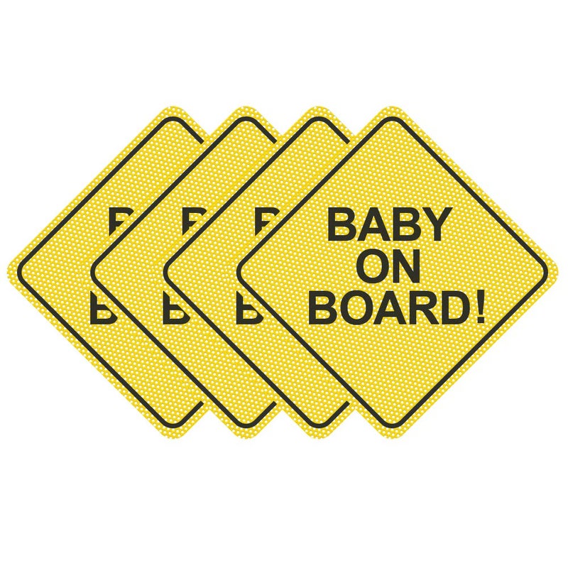 FINENIC Baby on Board Sticker for Cars 4 PCS 5 by 5 Baby on Board Sign DecalSeeThrough When Reversing and Bright Yellow No Need for Suction Cup or Magnets  Strong Adhesive 