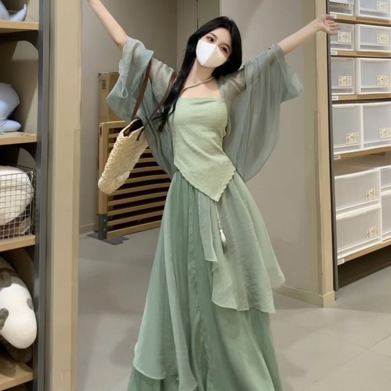 New Chinese Style Womens Clothing National Style Improved Hanfu Han Element Daily Small Green Dress Three-piece Suit Women Cardigan Sling Skirt [three-piece]]