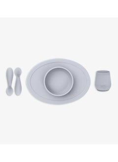 ezpz Ezpz Tiny Collection Set Sage 100% Silicone Cup, Spoon & Bowl With Built In Placemat For First Foods, Baby Led Weaning, Purees Designed By A Pediatric Feeding Specialist 6 Months above, Green (Pewter)  - Image 1