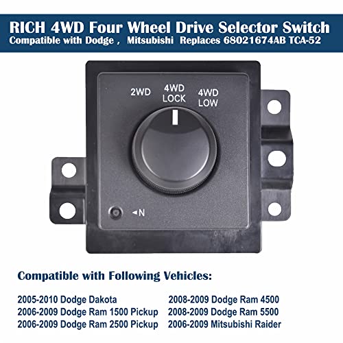 RICH AUTO Rich 4x4 Switch 4WD Four Wheel Drive Selector Switch Compatible with Dodge Dakota/Ram1500 2500 3500 Pickup/Ram 4500 5500, Mitsu-bishi Raider - Replaces 68021674AB TCA-52 - Image 2