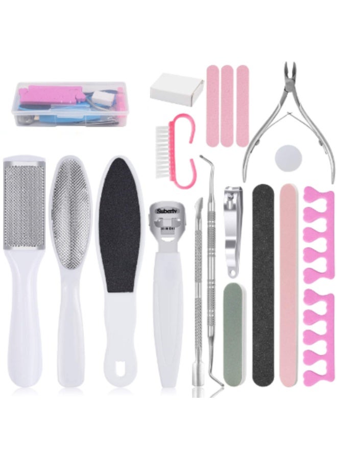 Professional Pedicure Tools Set, 20 Stainless Steel Foot Care Kit Foot Rasp Dead Skin Remover Pedicure Kit for Men Women Salon (White)
