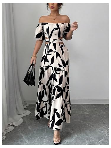 MakeMeChic Women's Off The Shoulder Maxi Dress Cut Out Backless Ruffle Short Sleeve Shirred Summer Dresses Multicolor Medium - Image 3