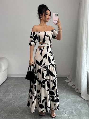 MakeMeChic Women's Off The Shoulder Maxi Dress Cut Out Backless Ruffle Short Sleeve Shirred Summer Dresses Multicolor Medium - Image 5