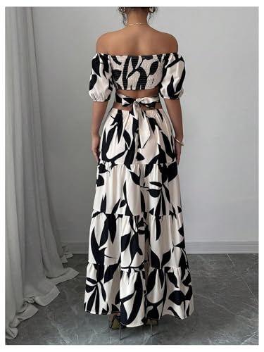 MakeMeChic Women's Off The Shoulder Maxi Dress Cut Out Backless Ruffle Short Sleeve Shirred Summer Dresses Multicolor Medium - Image 2