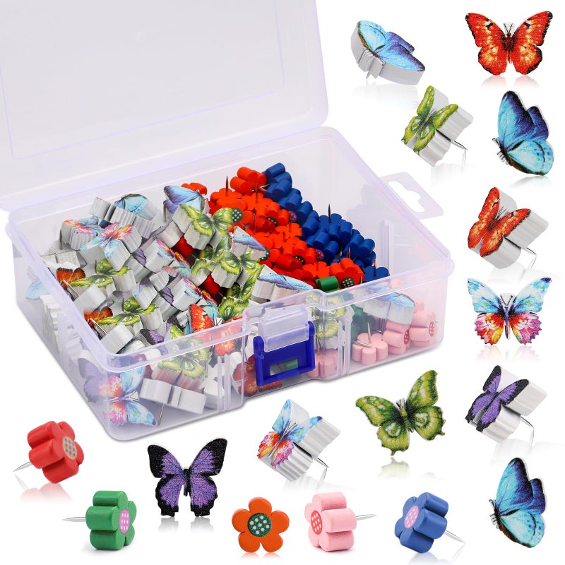 IMZAY 80 Pcs Push Pins for Cork Board, Decorative Thumb Tacks Wooden Push Pins Head Pin Wood Map Tacks Pin, Wood Thumb Tacks for Bulletin Boards Craft Projects with Storage Box-Flower and Butterfly - Image 1