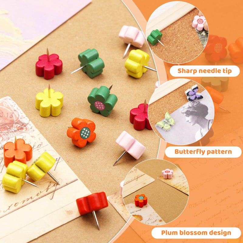 IMZAY 80 Pcs Push Pins for Cork Board, Decorative Thumb Tacks Wooden Push Pins Head Pin Wood Map Tacks Pin, Wood Thumb Tacks for Bulletin Boards Craft Projects with Storage Box-Flower and Butterfly - Image 4