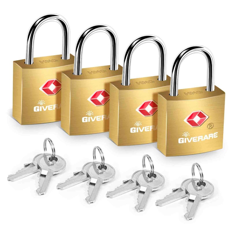 4 Pack TSA Approved Travel Luggage Locks with Keys Solid Brass Copper Keyed Padlock Small Locks for Suitcase Backpack Gym Locker Jewelry Box Goldby GIVERARE