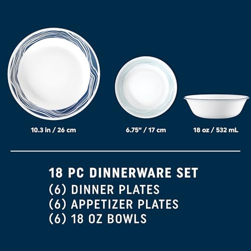 Corelle مجموعة أدوات مائدة زجاجية من كوريل فيتريل 18 قطعة لخدمة 6 أشخاص، أطباق وأوعية زجاجية ثلاثية الطبقات مقاومة للتشقق والتشظي، أكاديا - Image 2