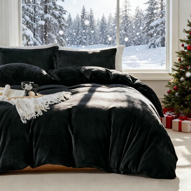 WARMDERN Black Velvet Duvet Cover Set Queen Size, Luxury Milk Velvet Bedding Duvet Cover with Zipper Closure, 3pcs Ultra Soft Duvet Covers for All Seasons, 90" x 90", Black - Image 1