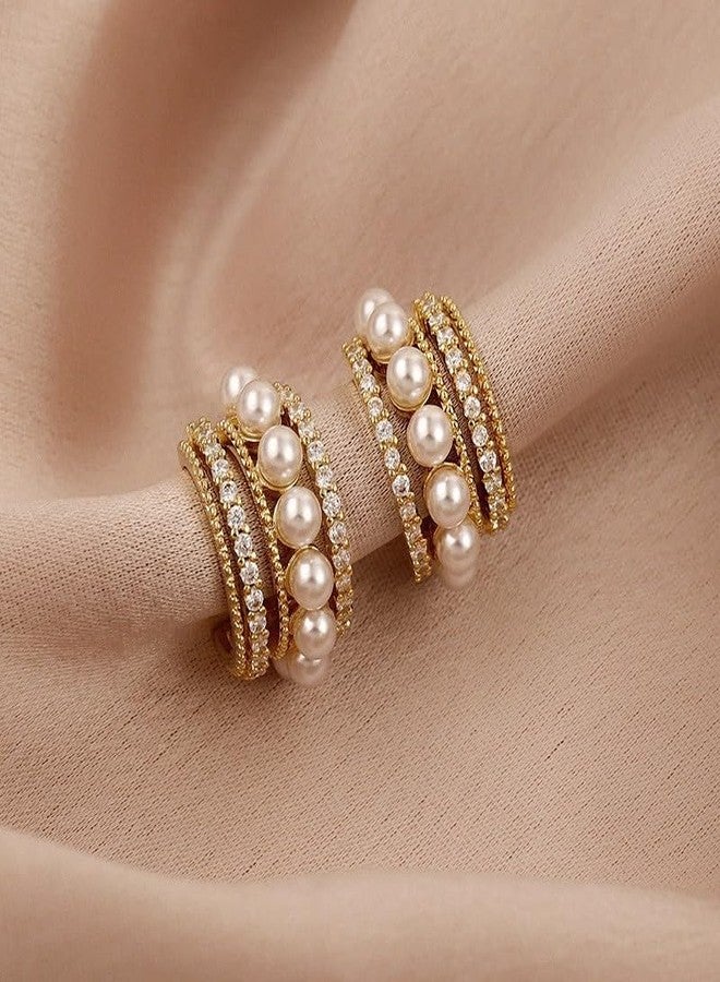 AMAAL Korean Gold Hoops Earrings set for Women & Girls | Bali Pearl Western Statement Moti Earing | Stylish Ear Rings Jewellery for woman Accessory | Valentine Gift for Girlfriend couple -291 - Image 4