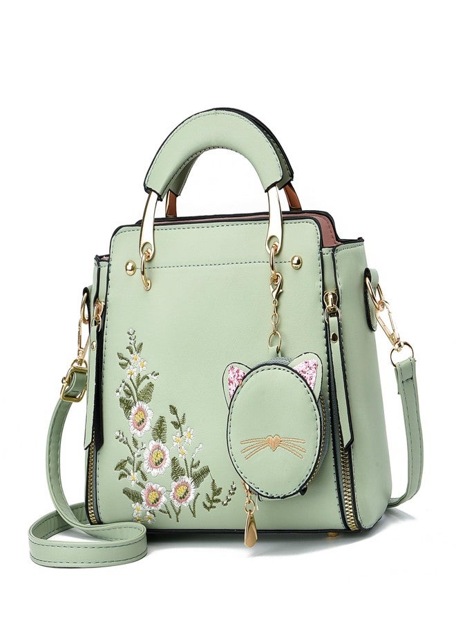 Xiaoyu Fashion Purses and Handbags for Women Ladies Leather Top Handle Satchel Shoulder Bags Small Totes (Green Flower), Green Flower - Image 1