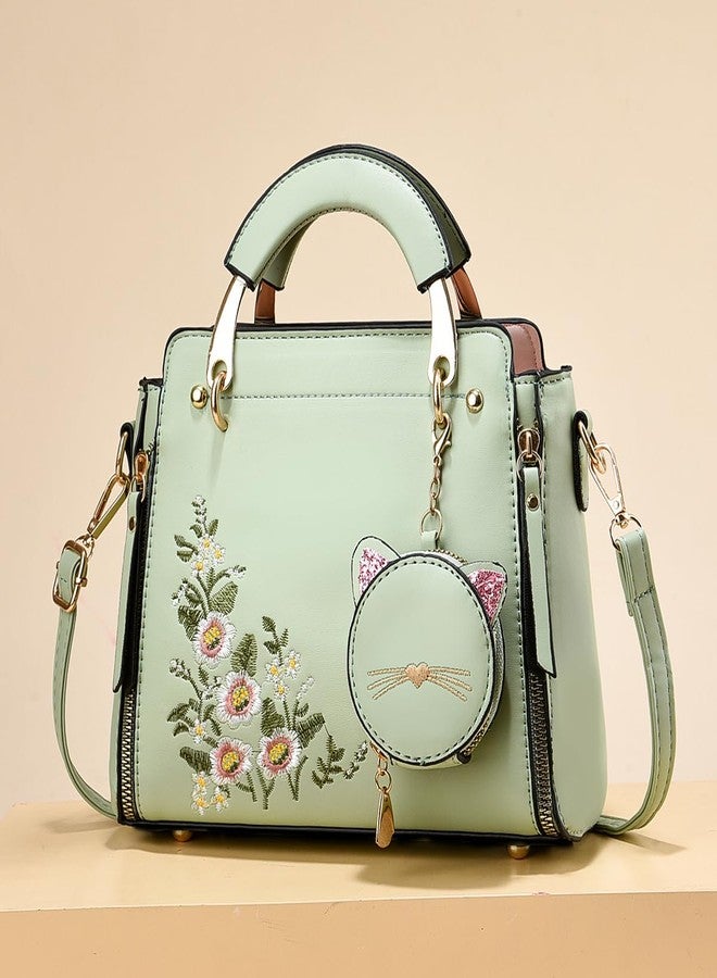 Xiaoyu Fashion Purses and Handbags for Women Ladies Leather Top Handle Satchel Shoulder Bags Small Totes (Green Flower), Green Flower - Image 2
