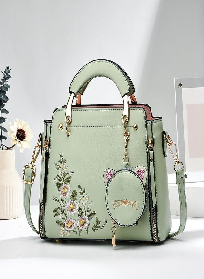 Xiaoyu Fashion Purses and Handbags for Women Ladies Leather Top Handle Satchel Shoulder Bags Small Totes (Green Flower), Green Flower - Image 5