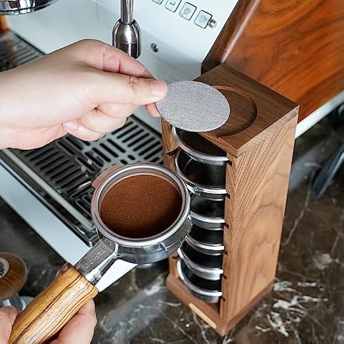 WATCHGET 58Mm Espresso Filter Basket Stand Walnut Wooden Storage Holder For 6Pcs Coffee Baskets And Puck Screens  Espresso Machine Accessories Coffee Station Organizer Rack - Image 5