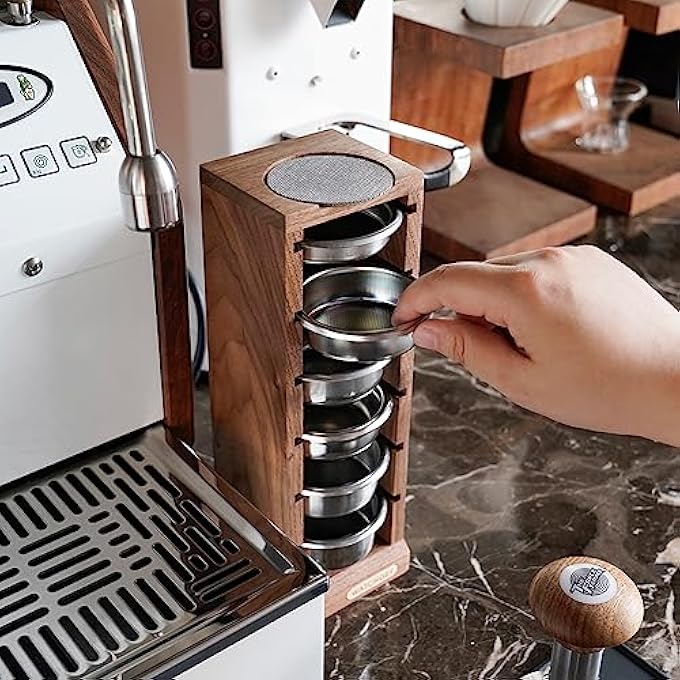 WATCHGET 58Mm Espresso Filter Basket Stand Walnut Wooden Storage Holder For 6Pcs Coffee Baskets And Puck Screens  Espresso Machine Accessories Coffee Station Organizer Rack - Image 4