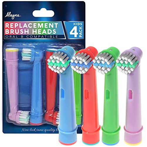 Alayna Replacement Toothbrush Heads for Kids Oral B Braun Electric Toothbrushes- 4 Pk of Kids Colorful Brush Heads Compatible with Oral-b- Soft Bristles, Small Heads, Fits Pro 1000, Action, Floss & Mo