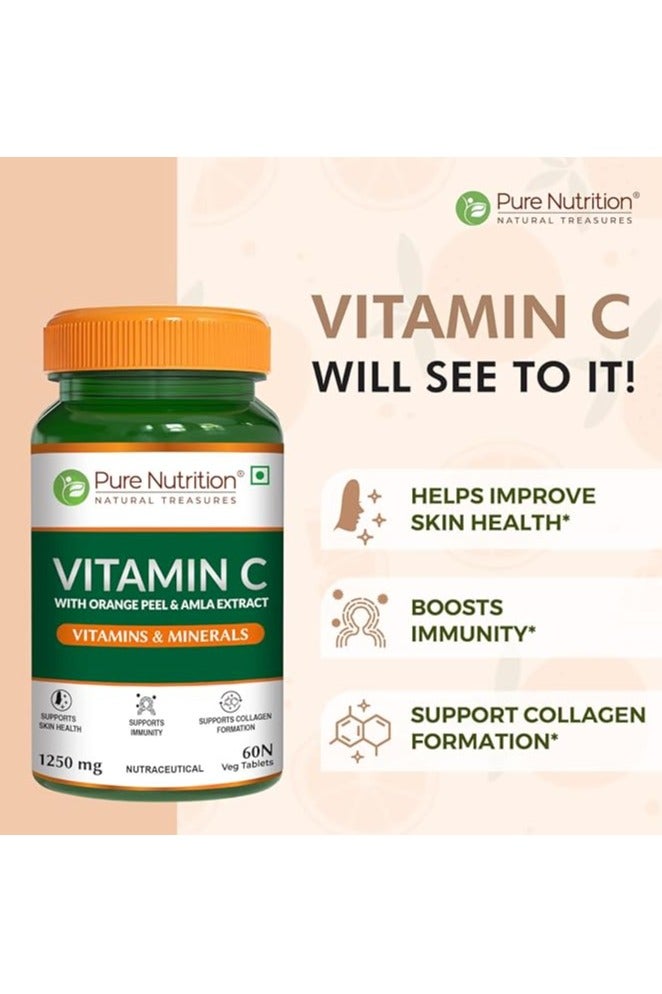 Pure Nutrition Pure Nutrition Vitamin C with Amla & Orange Peel Extract  1250mg- 60 Veg Tablets - Image 2