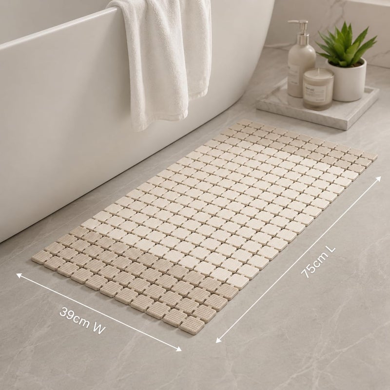 Bath Mat Non Slip for Shower & Bathtub, Extra Long 39 x 75 cm, Soft BPA Free Shower Mat with Strong Suction Cups & Drain Holes, Machine Washable Bathroom Safety Mat, Beige - Image 2