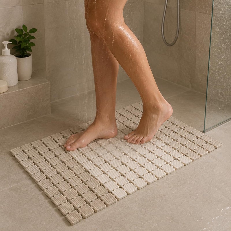 Bath Mat Non Slip for Shower & Bathtub, Extra Long 39 x 75 cm, Soft BPA Free Shower Mat with Strong Suction Cups & Drain Holes, Machine Washable Bathroom Safety Mat, Beige - Image 1