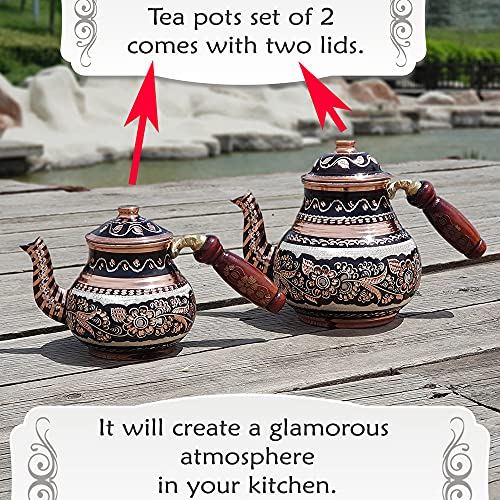 Vissmarta Copper Turkish Teapot Tea Kettle Pots Set for Stove Top Stovetop Decorative Infuser Vintage Antique Arabic Farmhouse Tray Cups Serving Party Moroccan Decor Style Persian Kitchen Fancy (Antique) - Image 2