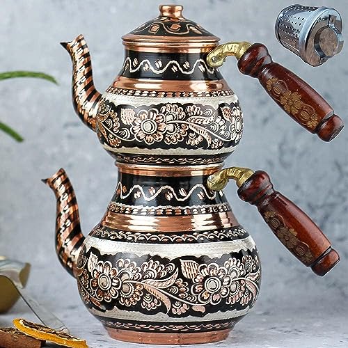 Vissmarta Copper Turkish Teapot Tea Kettle Pots Set for Stove Top Stovetop Decorative Infuser Vintage Antique Arabic Farmhouse Tray Cups Serving Party Moroccan Decor Style Persian Kitchen Fancy (Antique) - Image 1