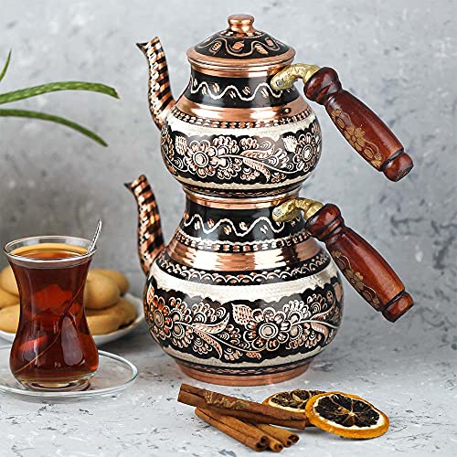 Vissmarta Copper Turkish Teapot Tea Kettle Pots Set for Stove Top Stovetop Decorative Infuser Vintage Antique Arabic Farmhouse Tray Cups Serving Party Moroccan Decor Style Persian Kitchen Fancy (Antique) - Image 3