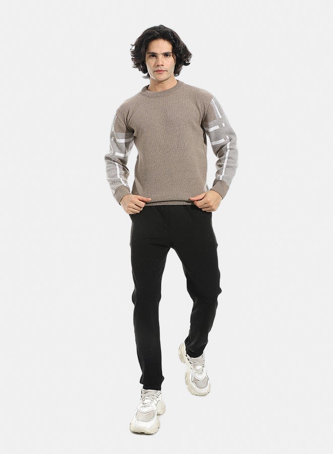 Andora Self Pattern Round Collar Sweater _ Dark Beige & White - Image 5