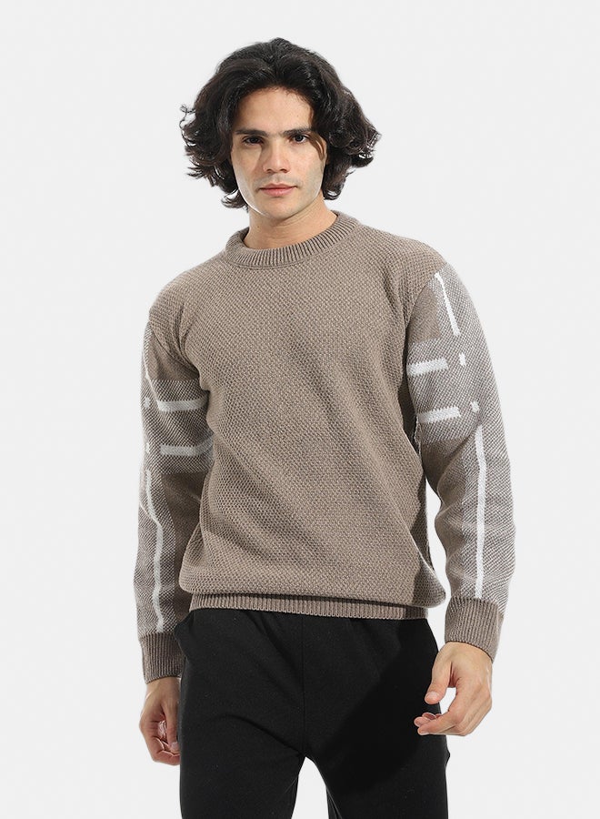 Andora Self Pattern Round Collar Sweater _ Dark Beige & White - Image 1