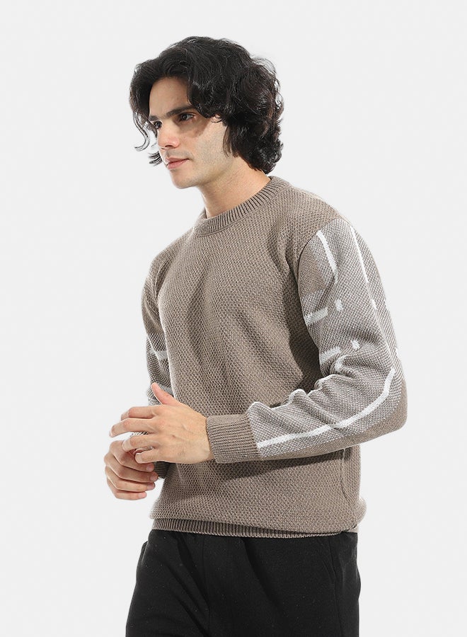 Andora Self Pattern Round Collar Sweater _ Dark Beige & White - Image 3