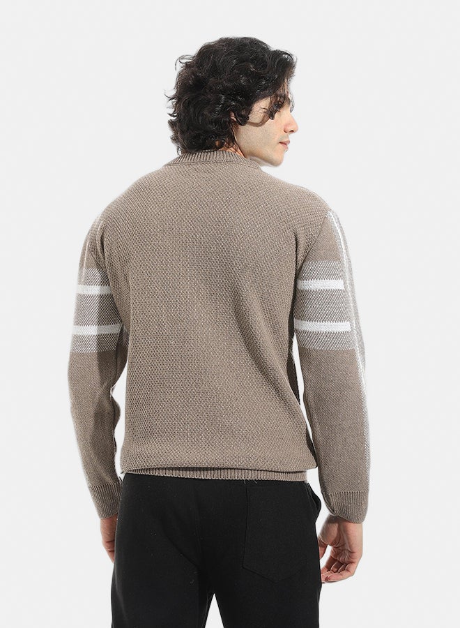 Andora Self Pattern Round Collar Sweater _ Dark Beige & White - Image 4