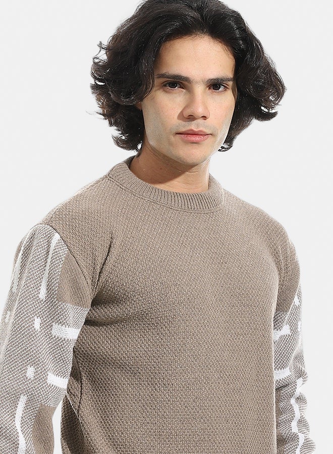 Andora Self Pattern Round Collar Sweater _ Dark Beige & White - Image 2