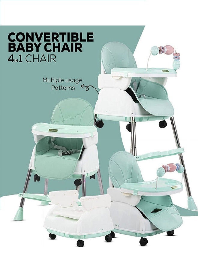 4 In 1 Convertible Dining Chair With Height Adjustment And Footrest - Baby And Toddler Feeding Booster Seat With Tray, Wheels, Safety Belt And Pillow For 6 Months To 4 Years Old  - Image 2