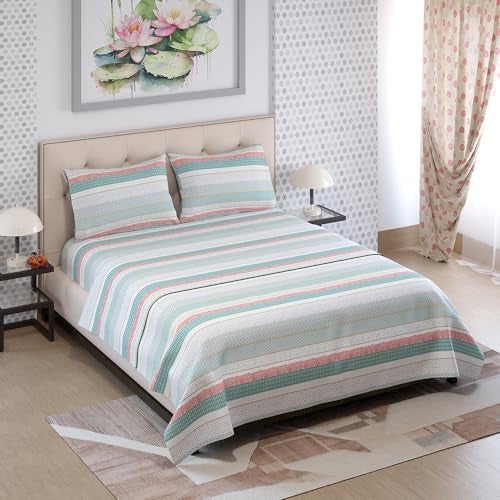 Layers Zen Cotton Blend Double Bedsheet Set (Oeko Tex Certified) | 1 Double Cotton Bedsheet & 2 Pillow Covers | Breathable & Anti-Wrinkle | 225 CVC | (Border Print, Green) - Image 4