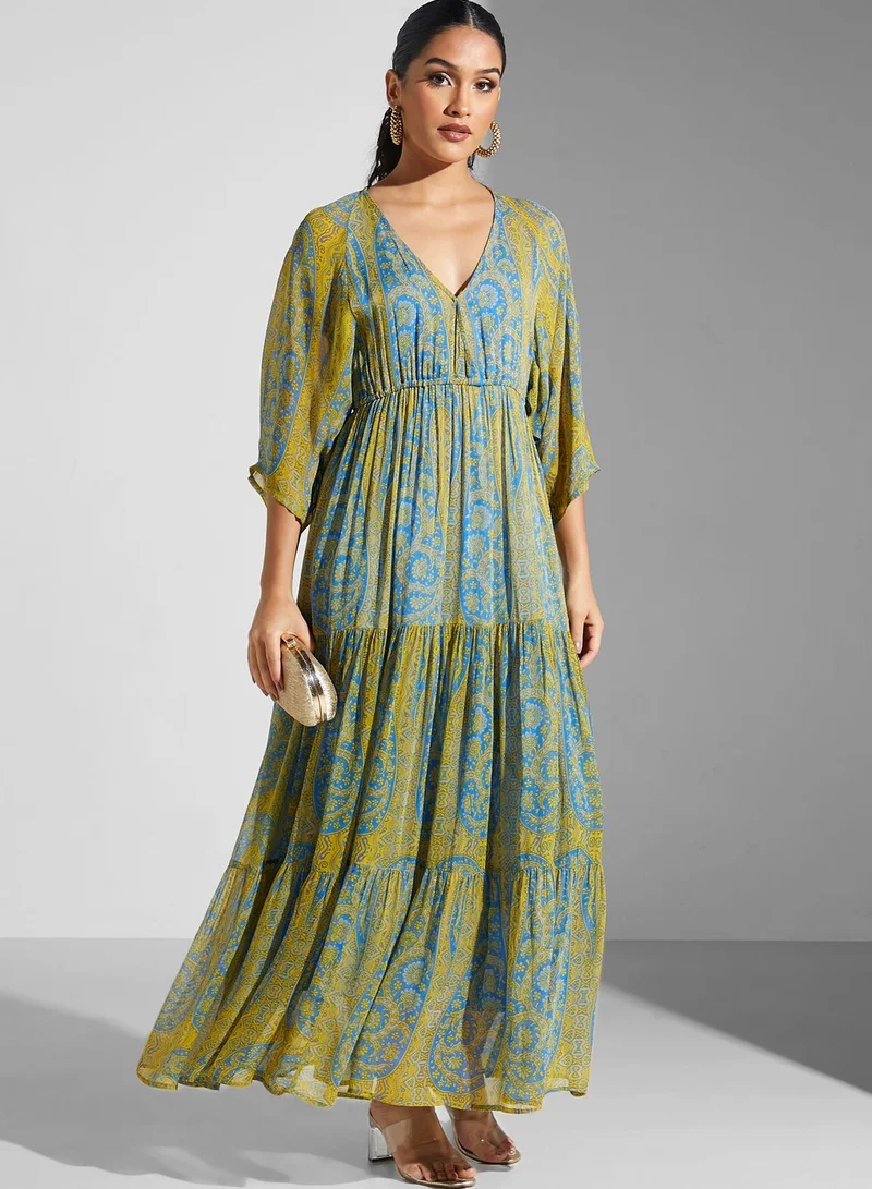 Label RITU KUMAR Printed V-Neck Tiered Dress