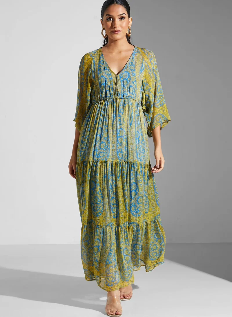 Label RITU KUMAR Printed V-Neck Tiered Dress