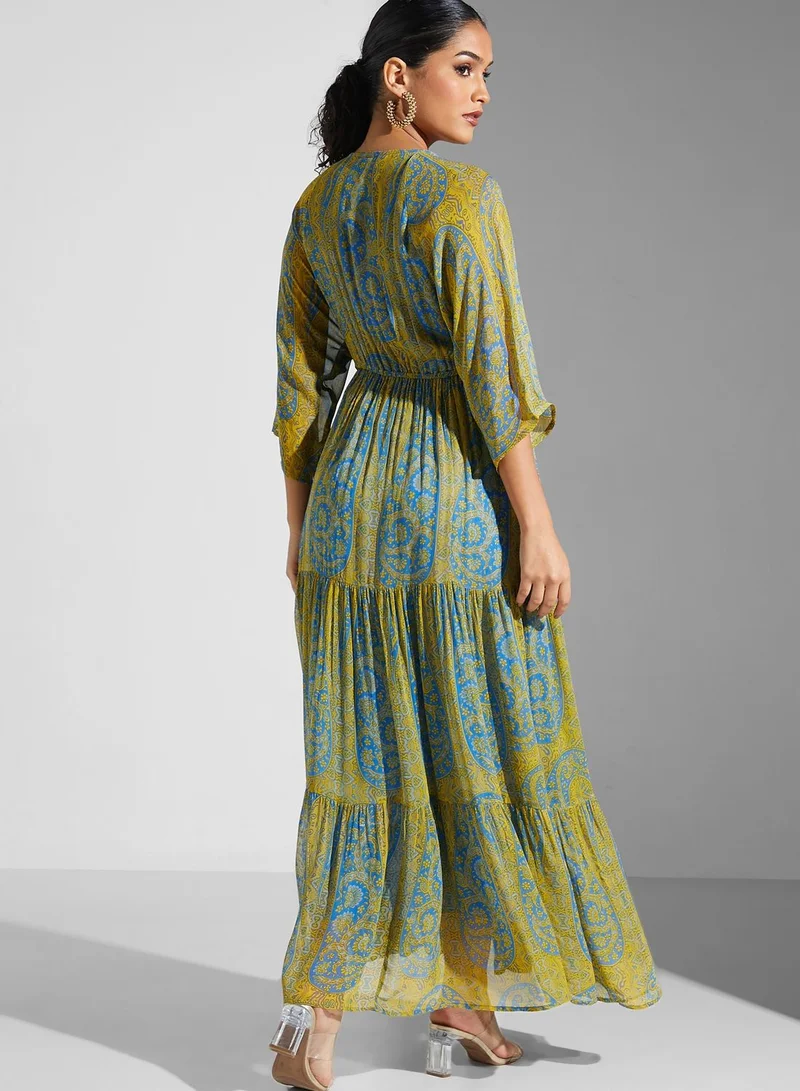 Label RITU KUMAR Printed V-Neck Tiered Dress