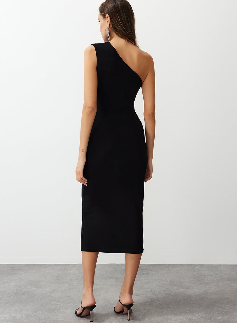 trendyol Black One Shoulder Draped Fitted/Fitted Stretchy Knitted Midi Pencil Dress TWOSS24EL00100 - Image 5