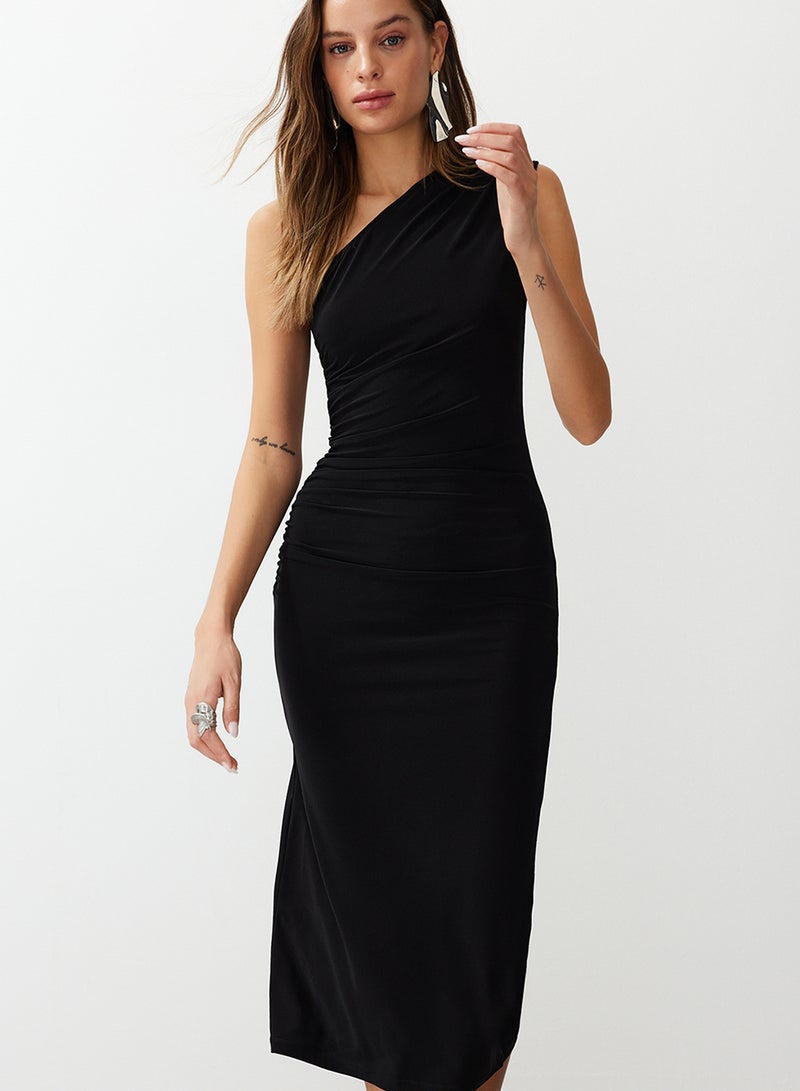 trendyol Black One Shoulder Draped Fitted/Fitted Stretchy Knitted Midi Pencil Dress TWOSS24EL00100 - Image 2