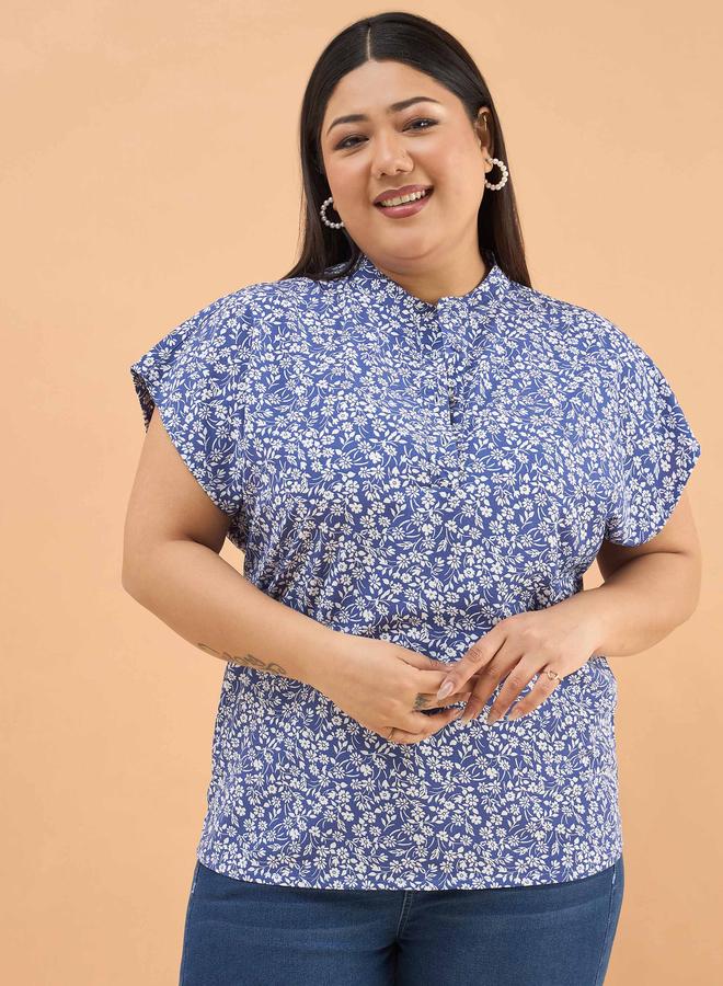 SASSAFRAS Blue Plus Ditsy Floral Mandarin Collar Regular Top - Image 5
