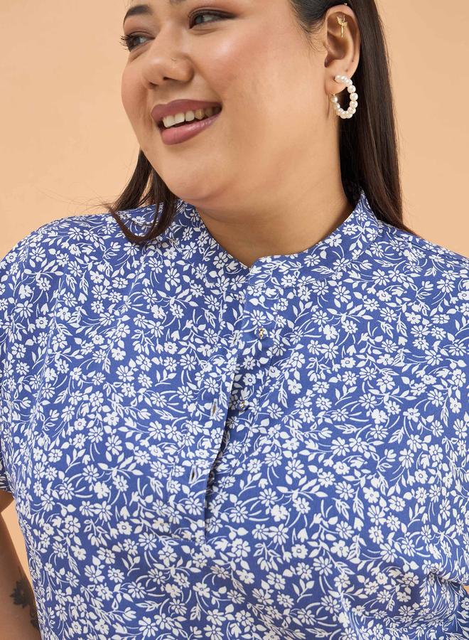 SASSAFRAS Blue Plus Ditsy Floral Mandarin Collar Regular Top - Image 3