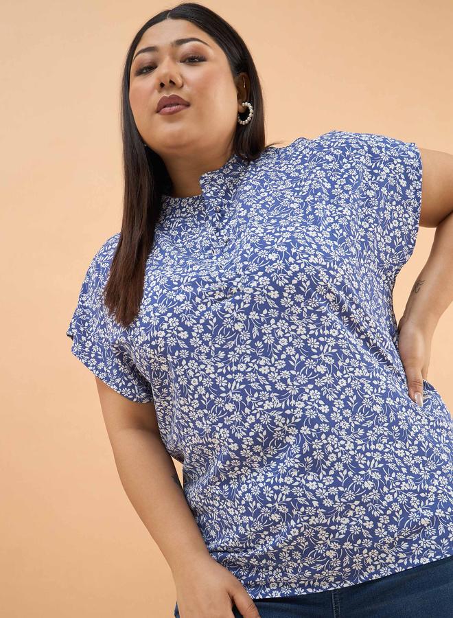 SASSAFRAS Blue Plus Ditsy Floral Mandarin Collar Regular Top - Image 1