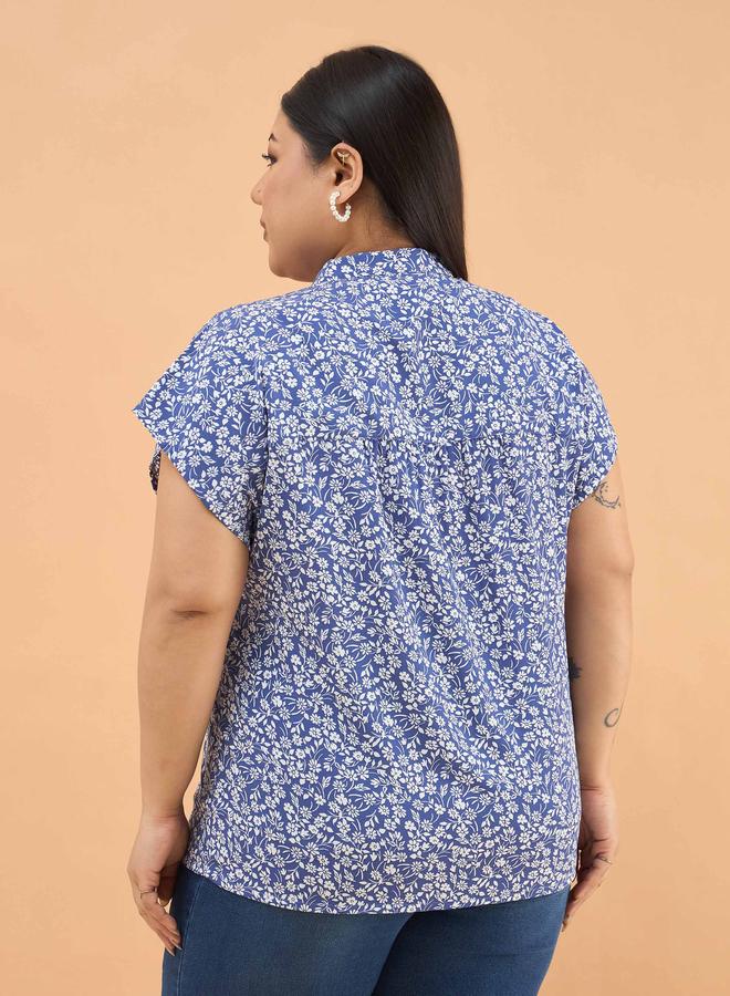 SASSAFRAS Blue Plus Ditsy Floral Mandarin Collar Regular Top - Image 4