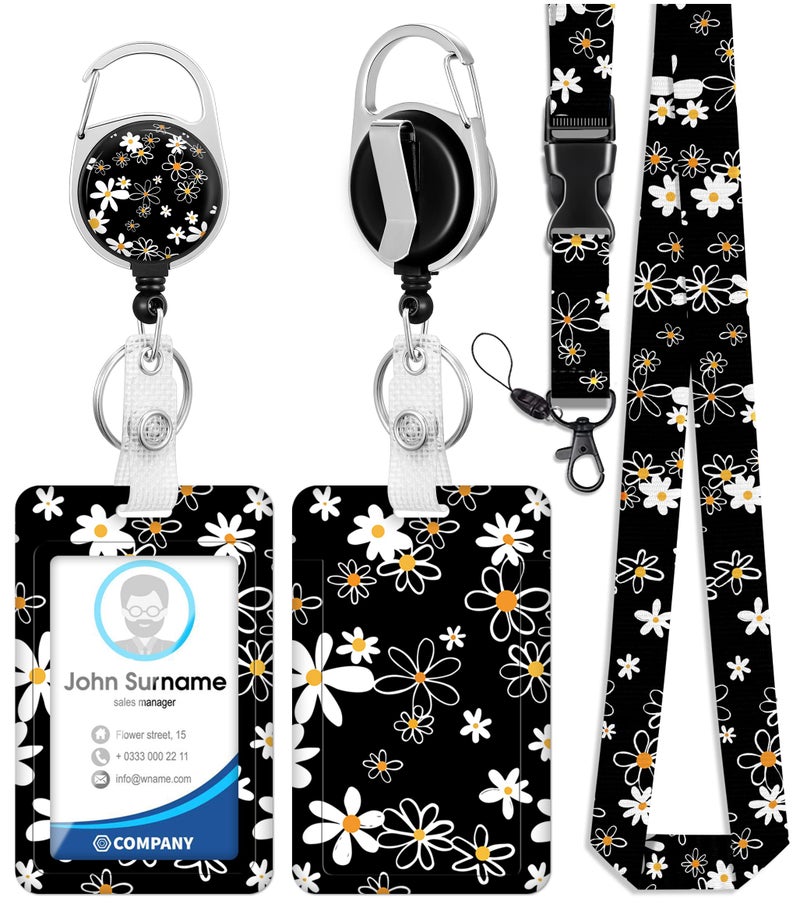 Toykee ID Badge Holder with Lanyard and Retractable Badge Reel Clip, Wild Flowers Floral Blossoms Card Name Tag Lanyard Vertical ID Protector Bage Clips for Nurse Nursing Doctor Teacher Student Black - Image 1