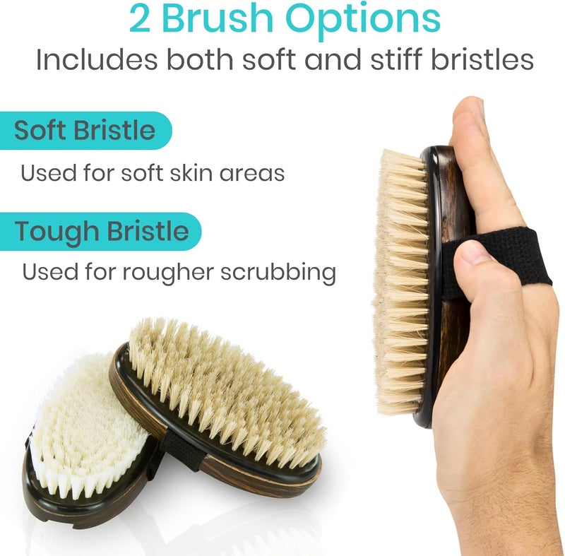 Vive Dry Brush Set for Lymphatic Drainage 3 Pieces Brushing Scrubber for Exfoliating Body Cellulite and Skin Massage 100 Natural Boar Hair Bristles 14 Long Dark Wooden Handle wStorage Bag - Image 2