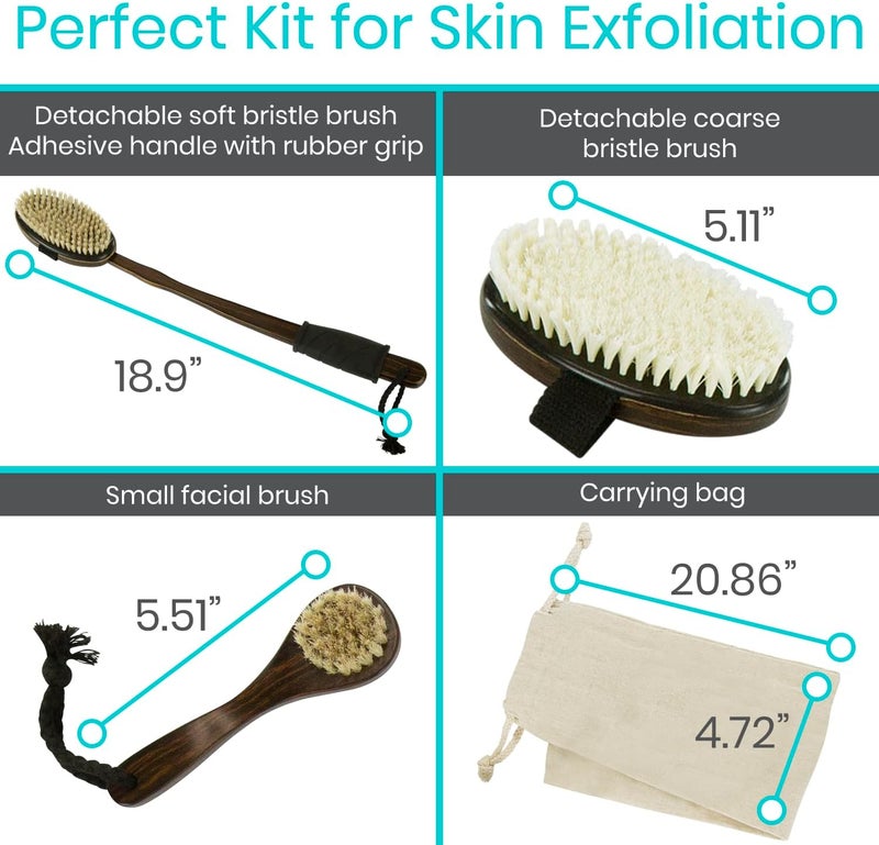 Vive Dry Brush Set for Lymphatic Drainage 3 Pieces Brushing Scrubber for Exfoliating Body Cellulite and Skin Massage 100 Natural Boar Hair Bristles 14 Long Dark Wooden Handle wStorage Bag - Image 5