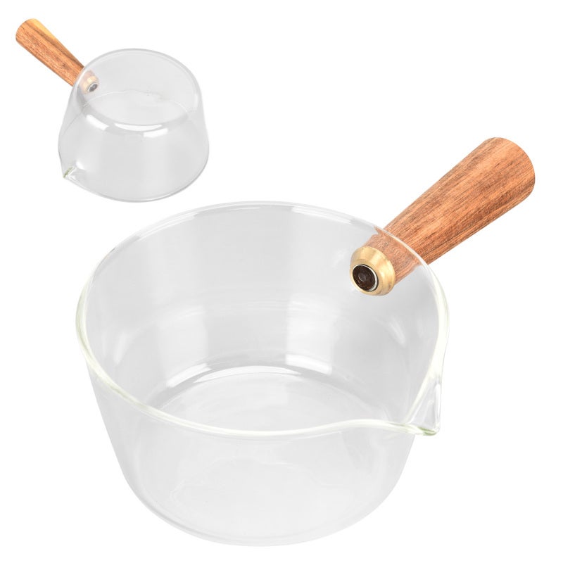 Glass Milk Pot: Borosilicate Glass V Shaped Spout - Non Toxic Anti-Scald Wooden Handle Noodles Saucepan for Home Kitchen Gas Stove - Image 1
