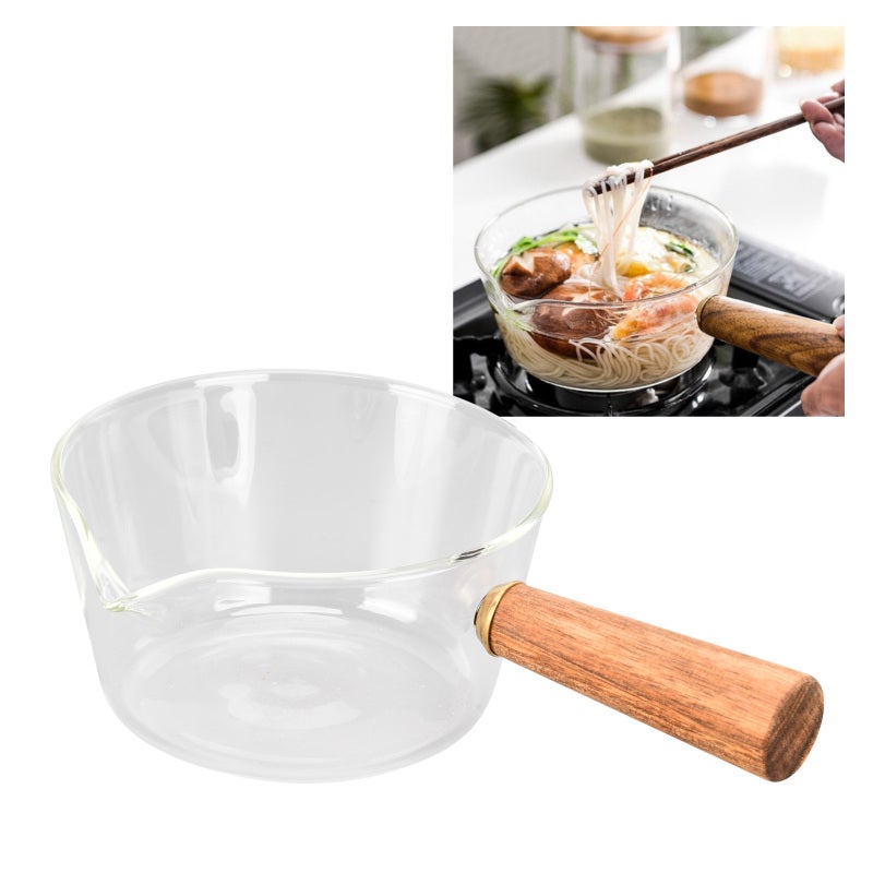 Glass Milk Pot: Borosilicate Glass V Shaped Spout - Non Toxic Anti-Scald Wooden Handle Noodles Saucepan for Home Kitchen Gas Stove - Image 2