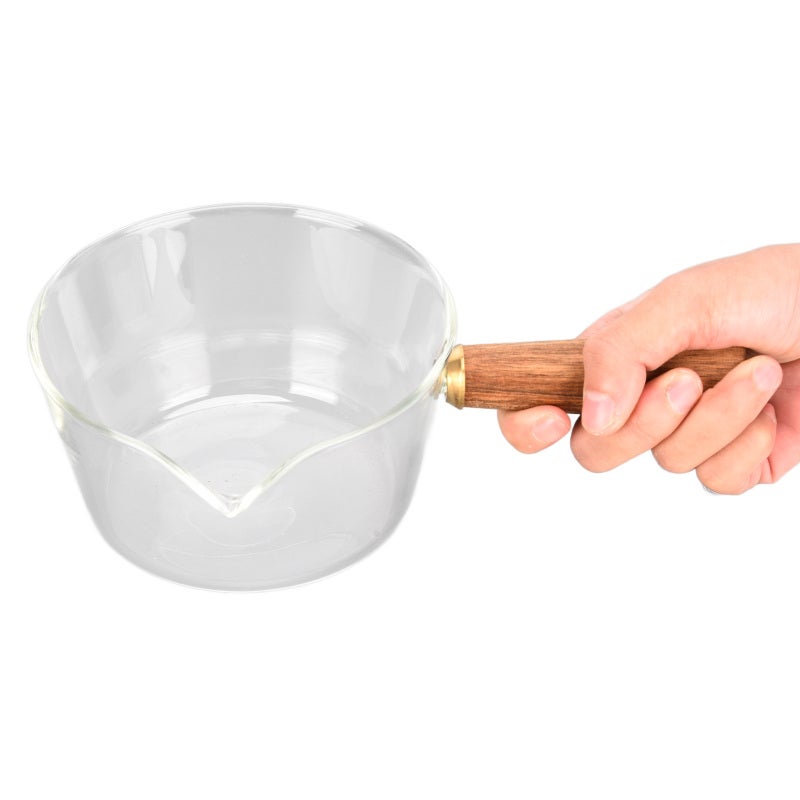 Glass Milk Pot: Borosilicate Glass V Shaped Spout - Non Toxic Anti-Scald Wooden Handle Noodles Saucepan for Home Kitchen Gas Stove - Image 4
