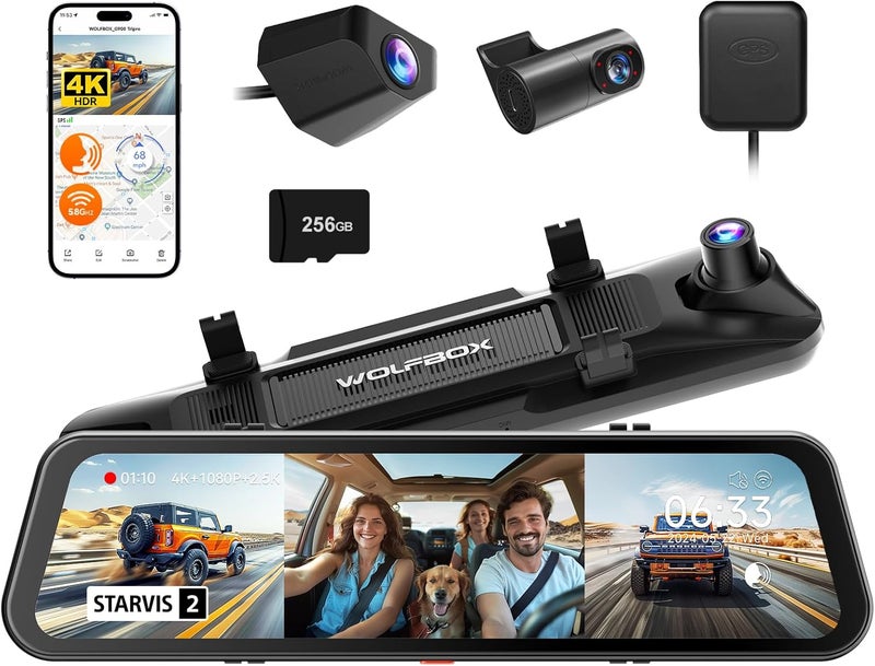 WOLFBOX G900 Tripro 3 Channel 4K Rear View Mirror Camera with Night Vision and 256GB Card - Image 1